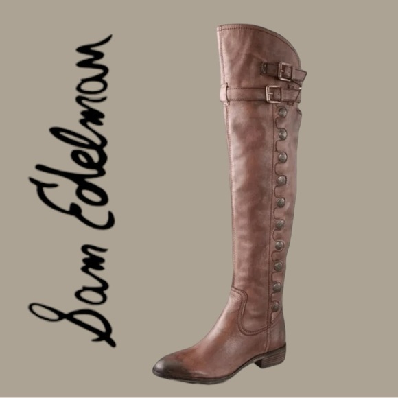 Sam Edelman Leather Pierce Whiskey Almond Toe Pull On Heel Knee Boot Size 6 - Picture 1 of 14